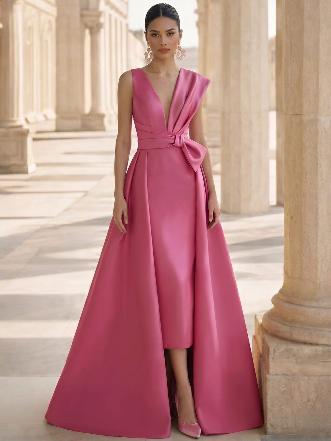 A-Line Formal Evening Dresses Satin Floor-Length Deep V-Neck Elegant Formal Evening Gown With Waistband&Overskirt
