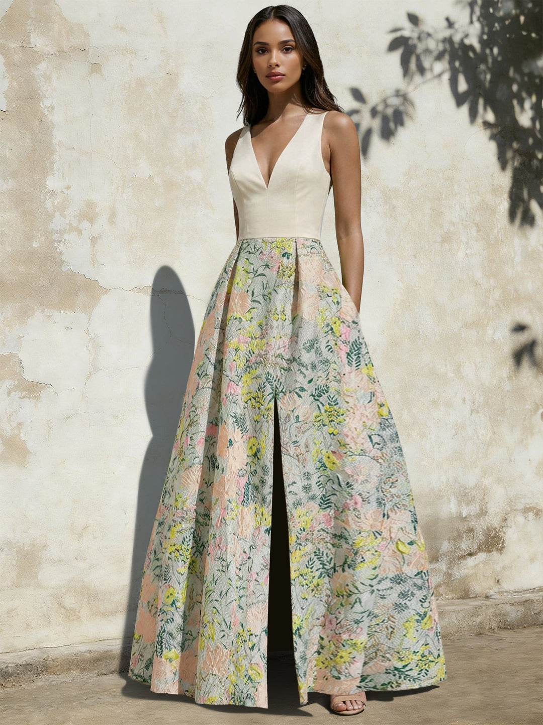 A-Line Evening Gown Elegant Jacquard Floral Dress Prom Floor Length Sleeveless V Neck with Slit Pocket Sage Wedding Guest Dress