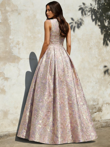 A-Line Evening Gown Elegant Jacquard Floral Dress Floor Length Sleeveless V Neck with Slit Pocket Sage Wedding Guest Dress