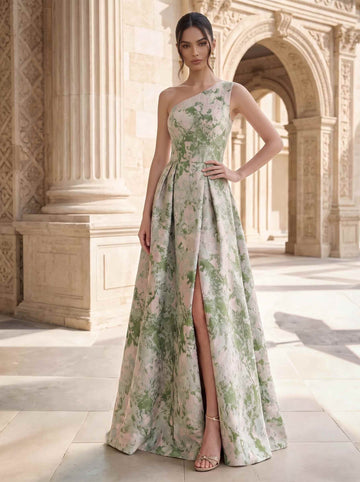 A-Line Evening Gown Elegant Jacquard Floral Dress Prom Floor Length Sleeveless One Shoulder with Slit Pocket Sage Wedding Guest Dress
