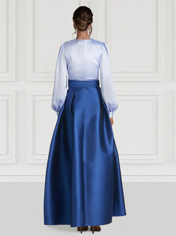 A-Line Evening Dress High Split Formal Gown Wedding Guest Floor Length Long Sleeve V Neck Belt / Sash Satin with Pleats Slit