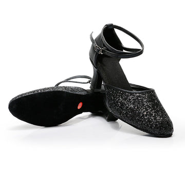 Women's Dancewear Shoes Ankle Strap Heel Round Toe Glitter Latin Shoes