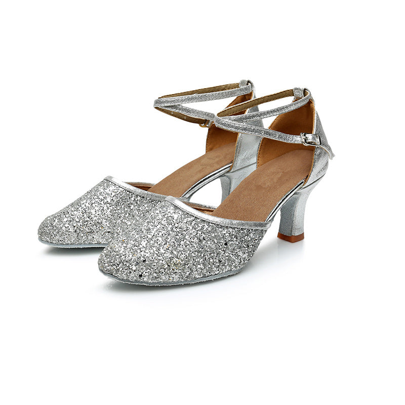 Women's Dancewear Shoes Ankle Strap Heel Round Toe Glitter Latin Shoes