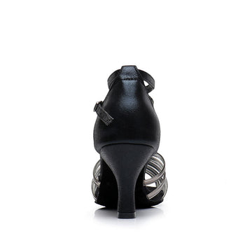 Women's Dancewear Shoes Flower Ankle Strap Low Heel Peep Toe Satin Latin Shoes