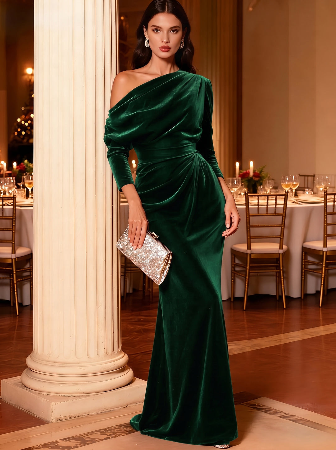 Mermaid Velvet Evening Gown Christmas Party Floor Length One Shoulder Long Sleeves Elegant Formal Dress