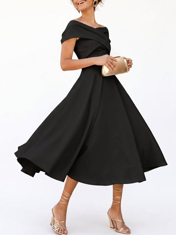 A-Line/Princess Little White Dresses For Formal/Wedding Dresses Off-The-Shoulder Sleeveless Tea-Length Stretch Crepe Cocktail Dress With Ruched