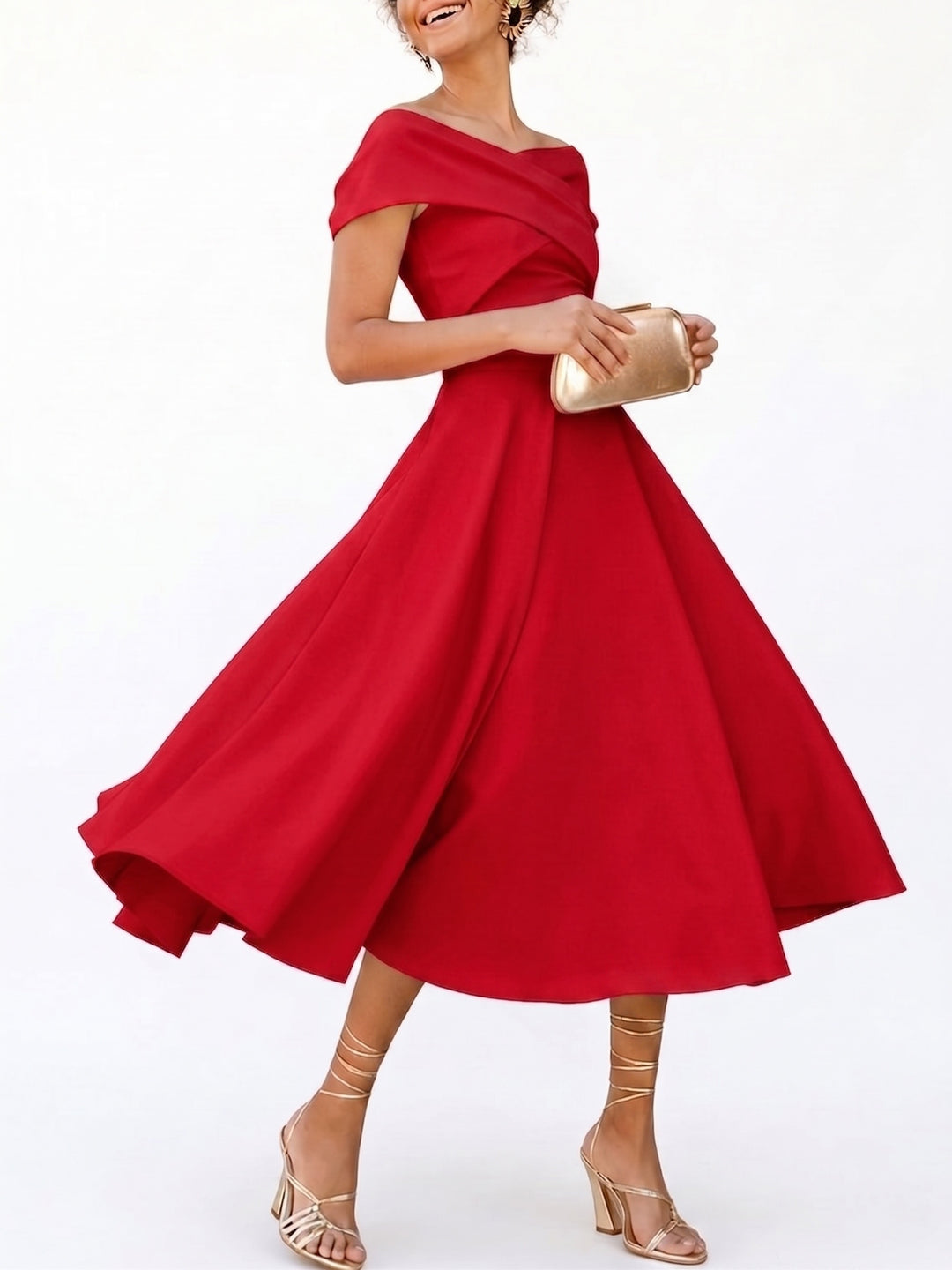 A-Line/Princess Little White Dresses For Formal/Wedding Dresses Off-The-Shoulder Sleeveless Tea-Length Stretch Crepe Cocktail Dress With Ruched