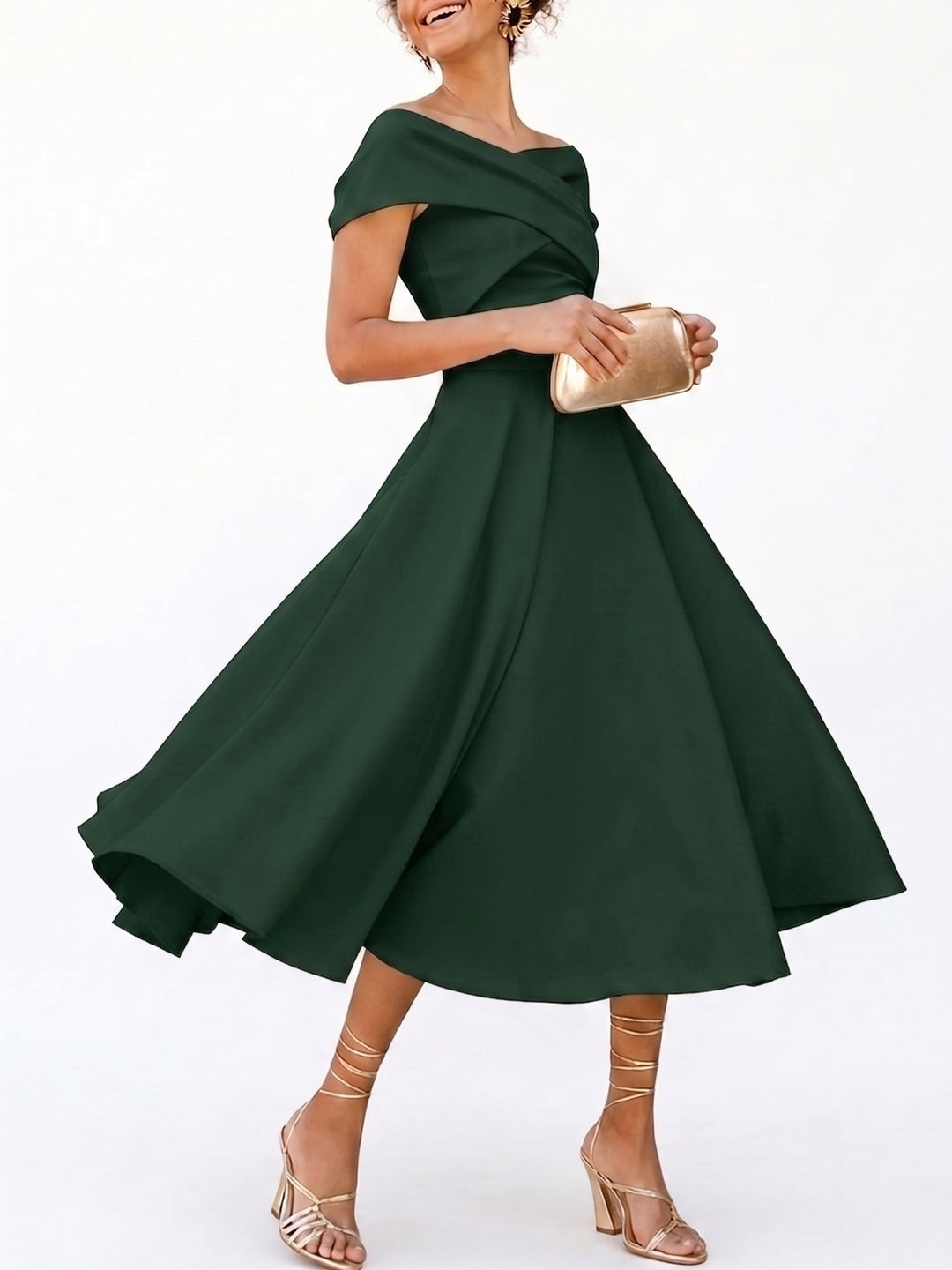 A-Line/Princess Little White Dresses For Formal/Wedding Dresses Off-The-Shoulder Sleeveless Tea-Length Stretch Crepe Cocktail Dress With Ruched