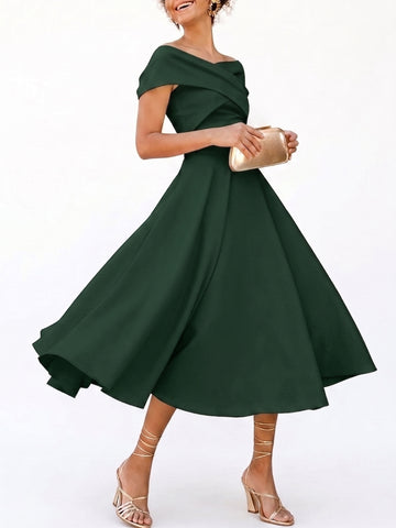 A-Line/Princess Little White Dresses For Formal/Wedding Dresses Off-The-Shoulder Sleeveless Tea-Length Stretch Crepe Cocktail Dress With Ruched