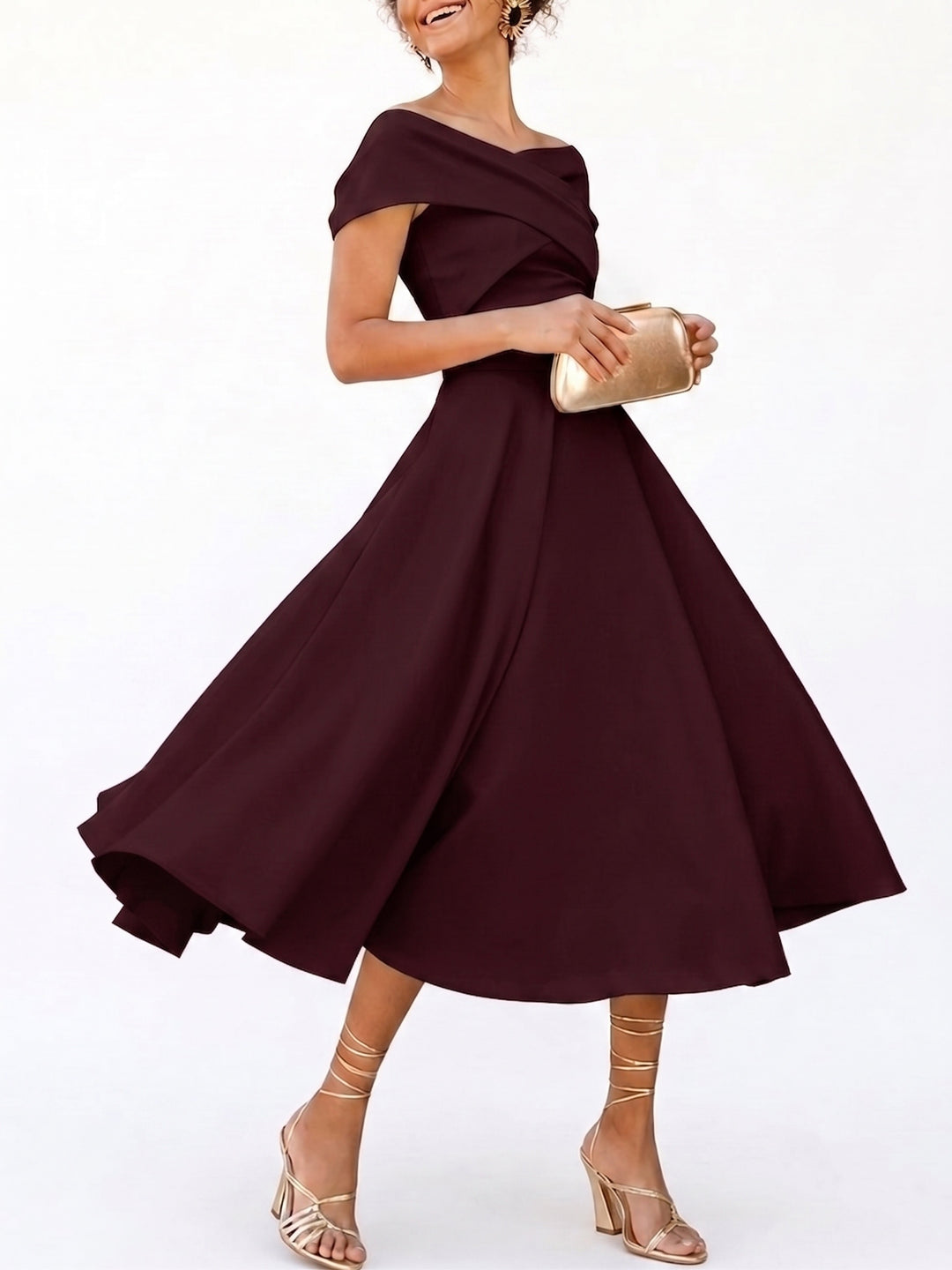 A-Line/Princess Little White Dresses For Formal/Wedding Dresses Off-The-Shoulder Sleeveless Tea-Length Stretch Crepe Cocktail Dress With Ruched