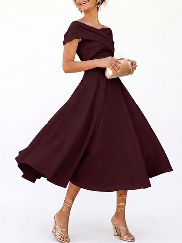 A-Line/Princess Little White Dresses For Formal/Wedding Dresses Off-The-Shoulder Sleeveless Tea-Length Stretch Crepe Cocktail Dress With Ruched