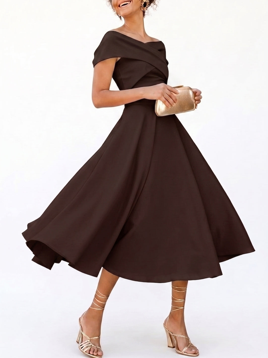 A-Line/Princess Little White Dresses For Formal/Wedding Dresses Off-The-Shoulder Sleeveless Tea-Length Stretch Crepe Cocktail Dress With Ruched