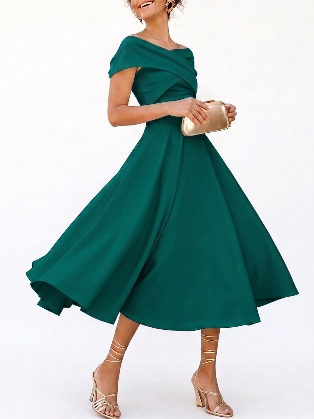 A-Line/Princess Little White Dresses For Formal/Wedding Dresses Off-The-Shoulder Sleeveless Tea-Length Stretch Crepe Cocktail Dress With Ruched