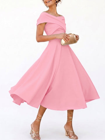A-Line/Princess Little White Dresses For Formal/Wedding Dresses Off-The-Shoulder Sleeveless Tea-Length Stretch Crepe Cocktail Dress With Ruched