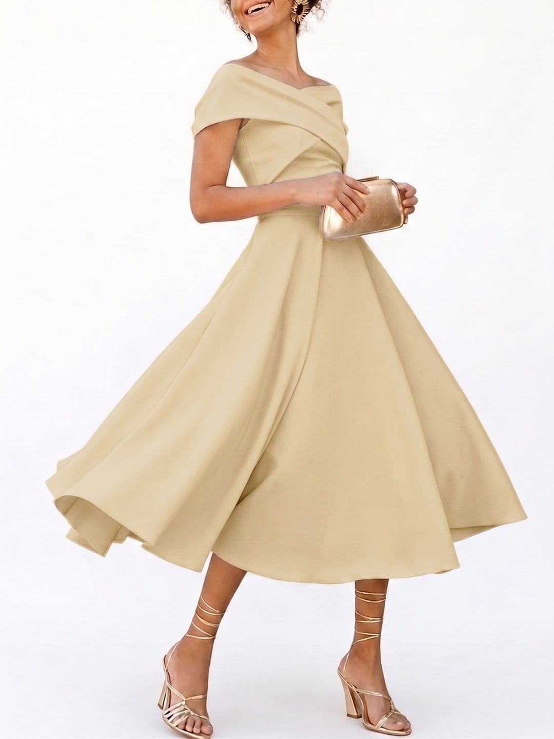 A-Line/Princess Little White Dresses For Formal/Wedding Dresses Off-The-Shoulder Sleeveless Tea-Length Stretch Crepe Cocktail Dress With Ruched