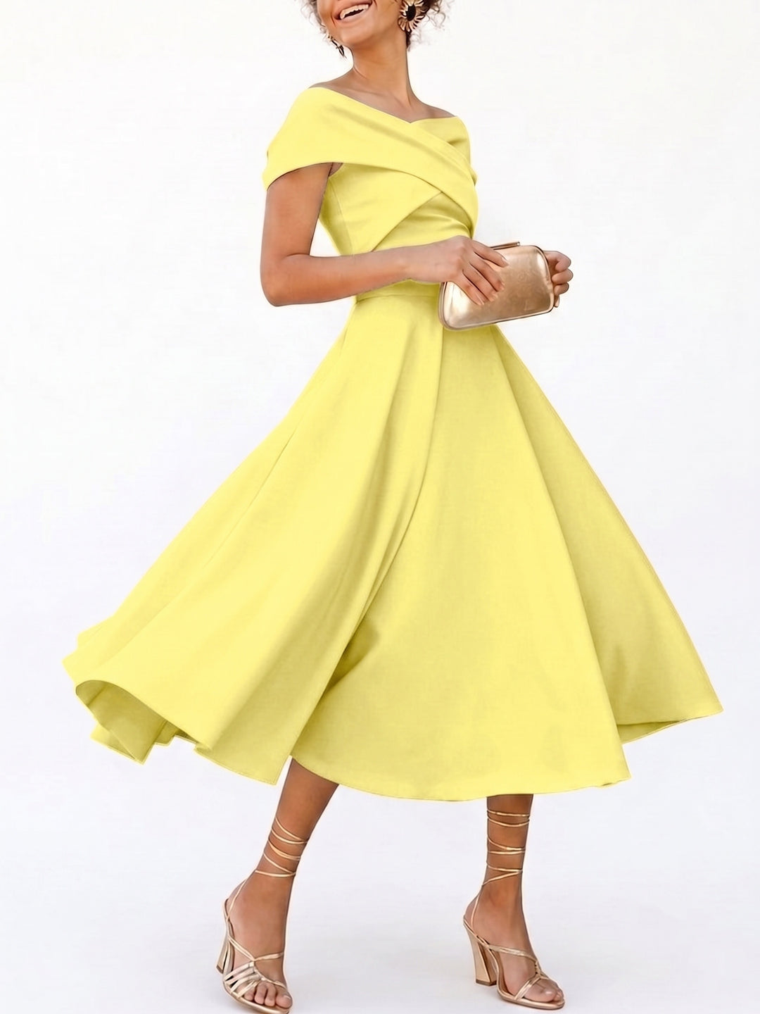 A-Line/Princess Little White Dresses For Formal/Wedding Dresses Off-The-Shoulder Sleeveless Tea-Length Stretch Crepe Cocktail Dress With Ruched