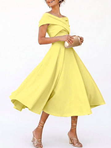 A-Line/Princess Little White Dresses For Formal/Wedding Dresses Off-The-Shoulder Sleeveless Tea-Length Stretch Crepe Cocktail Dress With Ruched
