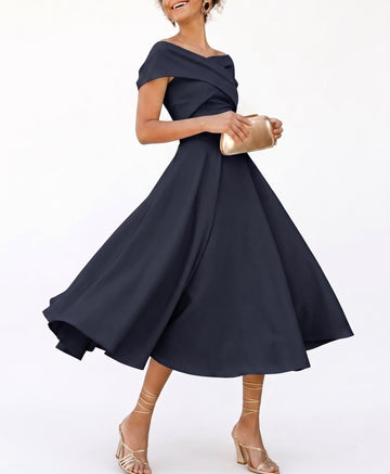 A-Line/Princess Little White Dresses For Formal/Wedding Dresses Off-The-Shoulder Sleeveless Tea-Length Stretch Crepe Cocktail Dress With Ruched