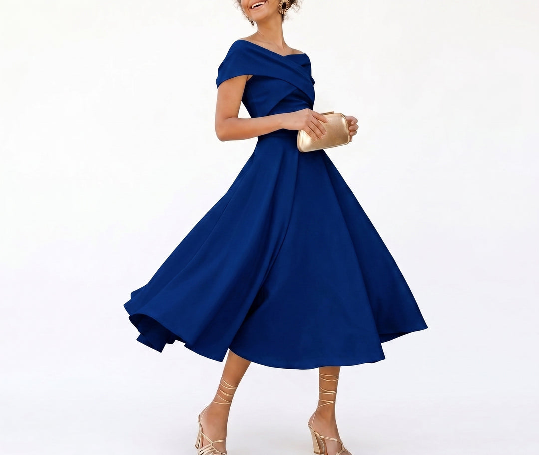 A-Line/Princess Little White Dresses For Formal/Wedding Dresses Off-The-Shoulder Sleeveless Tea-Length Stretch Crepe Cocktail Dress With Ruched