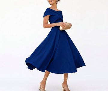 A-Line/Princess Little White Dresses For Formal/Wedding Dresses Off-The-Shoulder Sleeveless Tea-Length Stretch Crepe Cocktail Dress With Ruched
