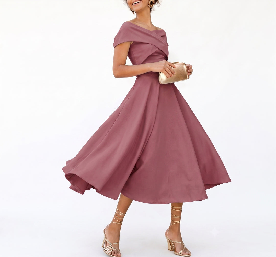 A-Line/Princess Little White Dresses For Formal/Wedding Dresses Off-The-Shoulder Sleeveless Tea-Length Stretch Crepe Cocktail Dress With Ruched