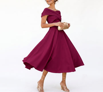 A-Line/Princess Little White Dresses For Formal/Wedding Dresses Off-The-Shoulder Sleeveless Tea-Length Stretch Crepe Cocktail Dress With Ruched