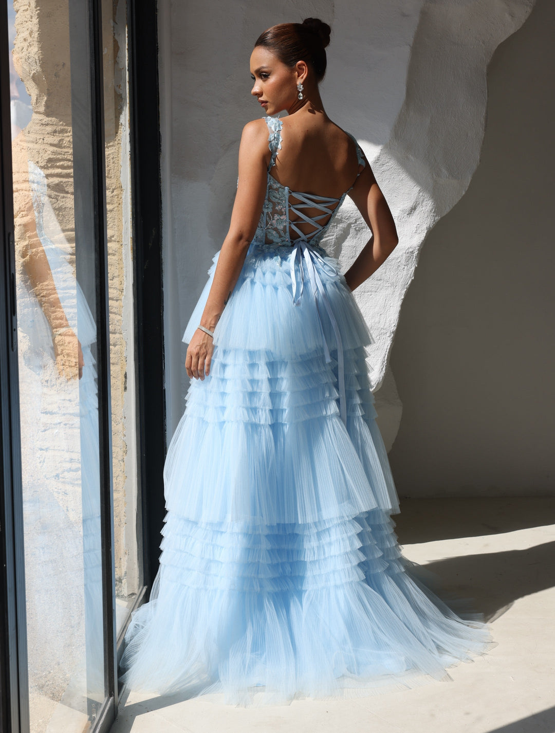 A-Line/Princess Prom Dress Short Sleeves Tulle Layered Long Prom Dresses With Split Side Appliques