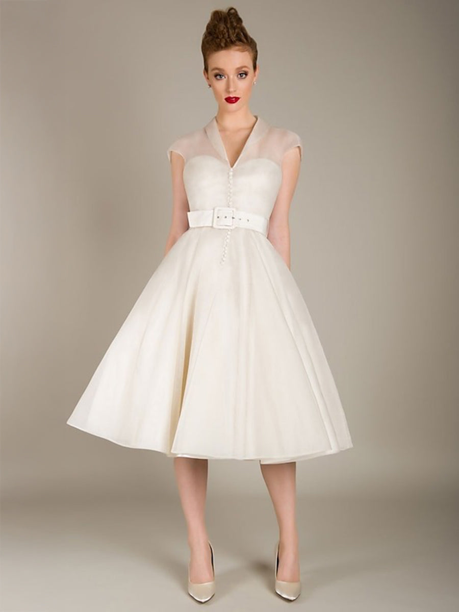 A-Line/Princess Little White Dress Organza Formal/Wedding Dresses Sweetheart&V-Neck Short Sleeves Tea-Length Cocktail Dresses With Sash / Ribbon