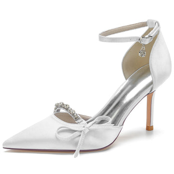 Women's Wedding Shoes Pointed Toe Stiletto Heel Crystal Bridal Shoes with Bow