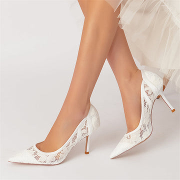 Women's Wedding Pointed Toe Minimalist Stiletto Heel Lace Bridal Shoes