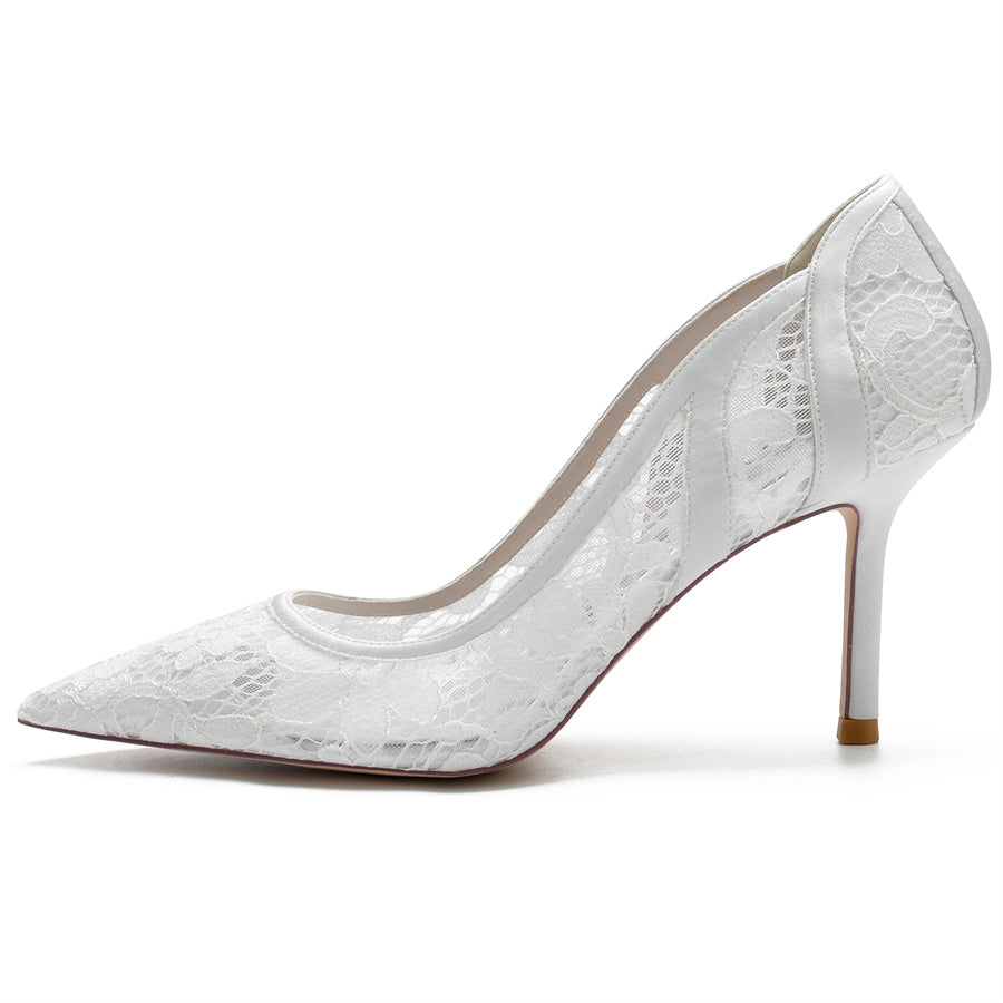 Women's Wedding Pointed Toe Minimalist Stiletto Heel Lace Bridal Shoes