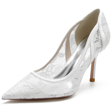 Women's Wedding Pointed Toe Minimalist Stiletto Heel Lace Bridal Shoes
