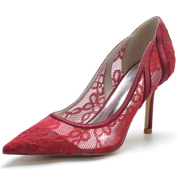 Women's Wedding Pointed Toe Minimalist Stiletto Heel Lace Bridal Shoes
