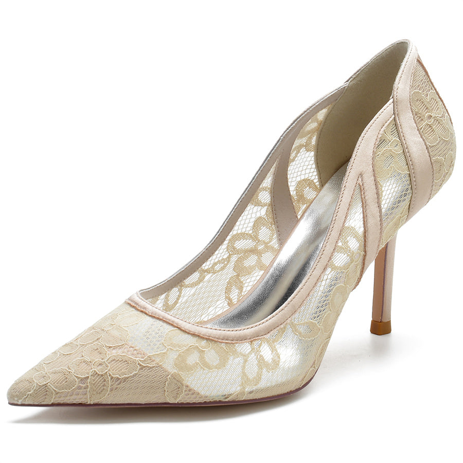 Women's Wedding Pointed Toe Minimalist Stiletto Heel Lace Bridal Shoes