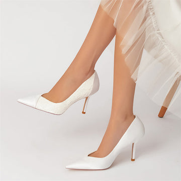 Women's Wedding Pointed Toe High Heel Minimalist Bridal Shoes with Lace Stitched