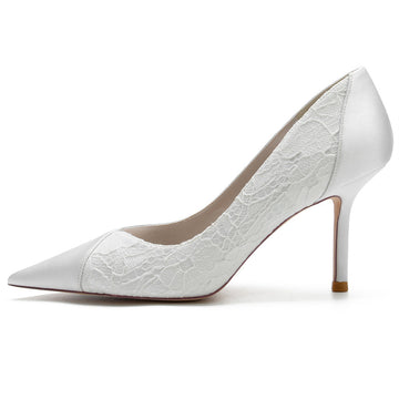 Women's Wedding Pointed Toe High Heel Minimalist Bridal Shoes with Lace Stitched