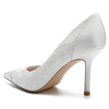 Women's Wedding Pointed Toe High Heel Minimalist Bridal Shoes with Lace Stitched