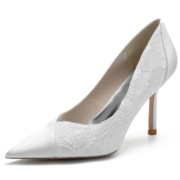 Women's Wedding Pointed Toe High Heel Minimalist Bridal Shoes with Lace Stitched
