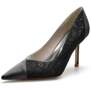 Women's Wedding Pointed Toe High Heel Minimalist Bridal Shoes with Lace Stitched