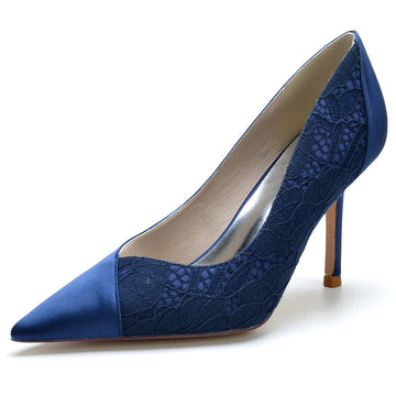 Women's Wedding Pointed Toe High Heel Minimalist Bridal Shoes with Lace Stitched