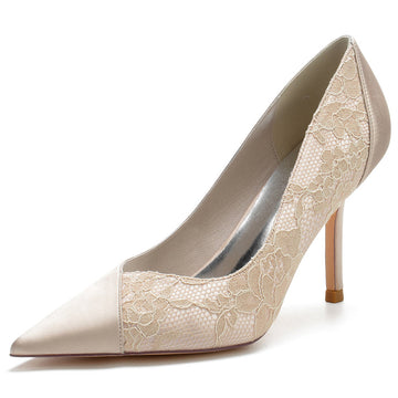 Women's Wedding Pointed Toe High Heel Minimalist Bridal Shoes with Lace Stitched