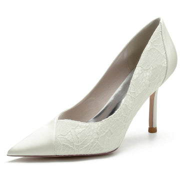 Women's Wedding Pointed Toe High Heel Minimalist Bridal Shoes with Lace Stitched