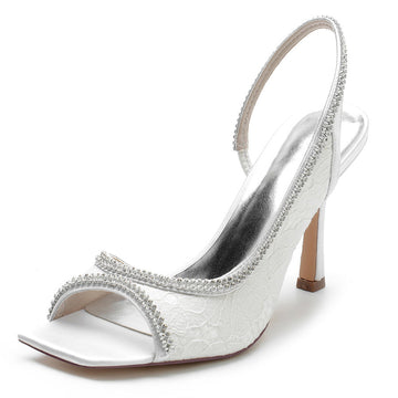 Women's Wedding Shoes Peep Toe High Heel Lace Bridal Shoes with Crystals