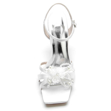Women's Wedding Shoes Opened Toe High Heel Bridal Shoes with Pearls & Flowers