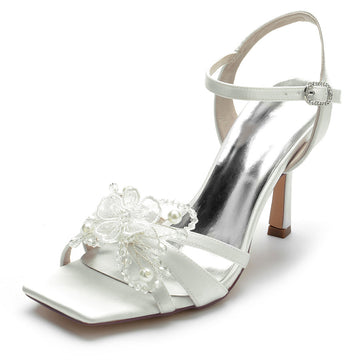 Women's Wedding Shoes Opened Toe High Heel Bridal Shoes with Pearls & Flowers