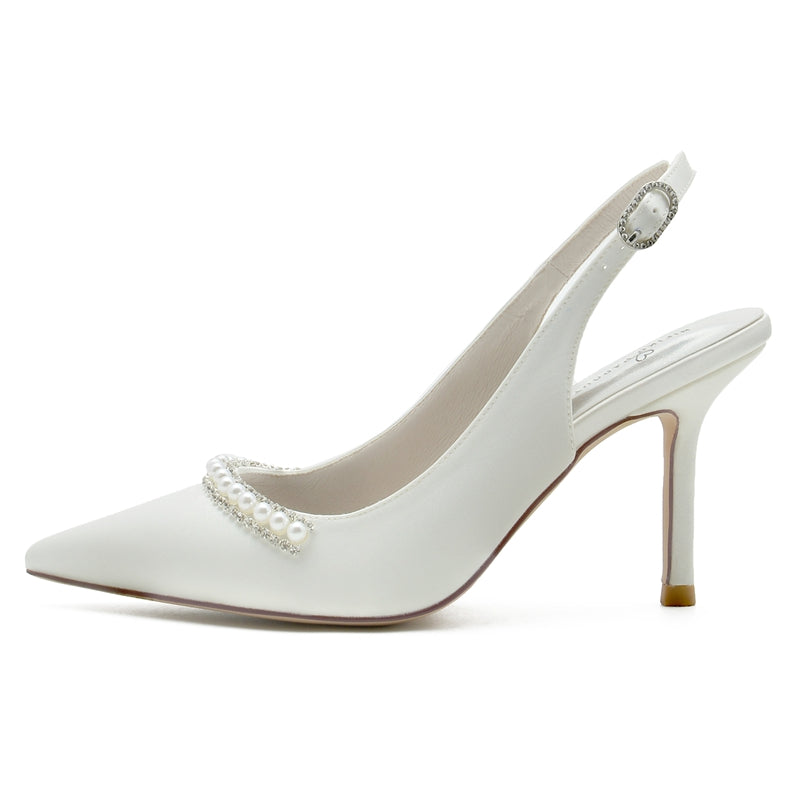 Women's Wedding Shoes White Pointed Toe High Heel Buckle Bridal Shoes with Pearl