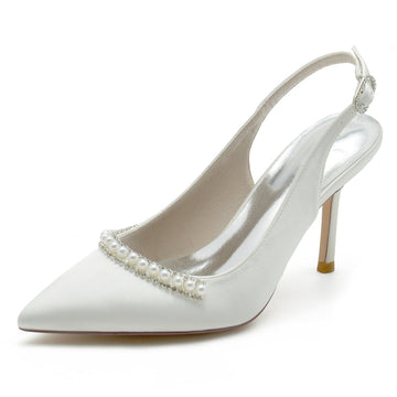 Women's Wedding Shoes White Pointed Toe High Heel Buckle Bridal Shoes with Pearl