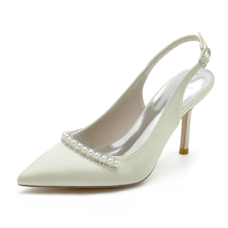 Women's Wedding Shoes White Pointed Toe High Heel Buckle Bridal Shoes with Pearl