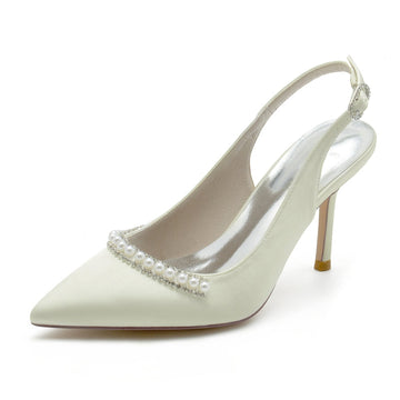 Women's Wedding Shoes White Pointed Toe High Heel Buckle Bridal Shoes with Pearl