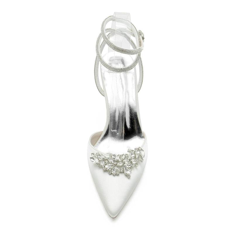Women's Wedding Shoes Closed Toe High Heel Exquisite Ankle Strap Bridal Shoes with Rhinestone